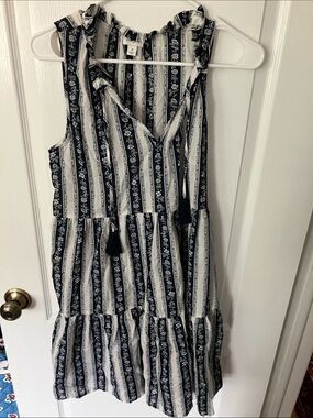 J. Crew Navy and White Striped Floral Tiered Midi Dress coverup
